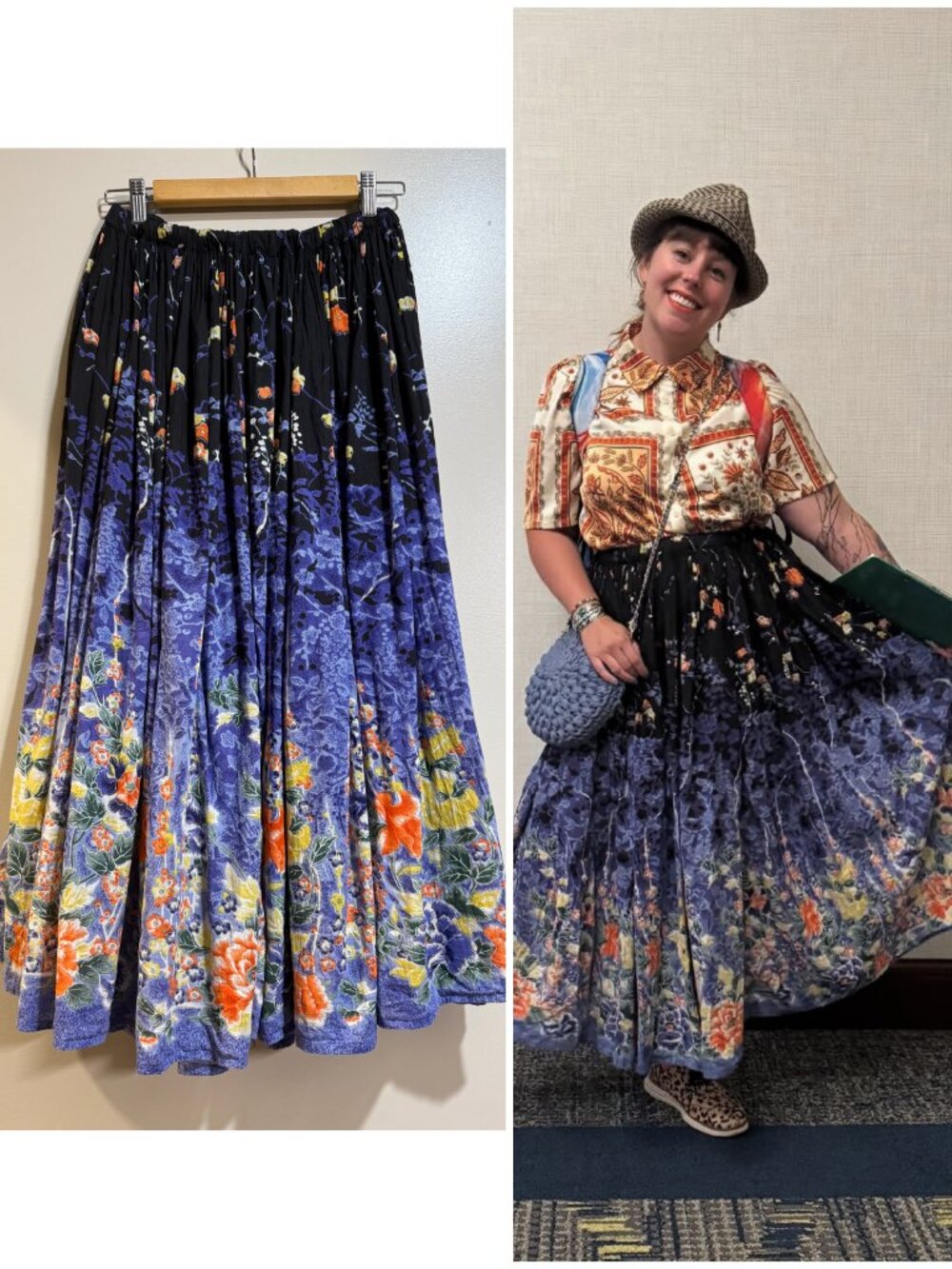 Vintage Indian Cotton Bright Floral Pleated Broomstick Elastic Waist Skirt S-L